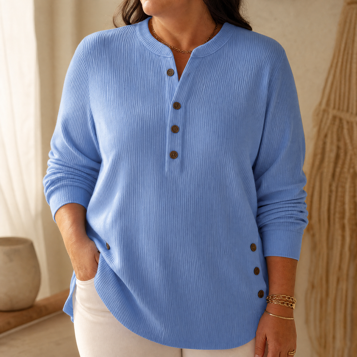Lunavia - Geribde Button-Up Henley Tuniek