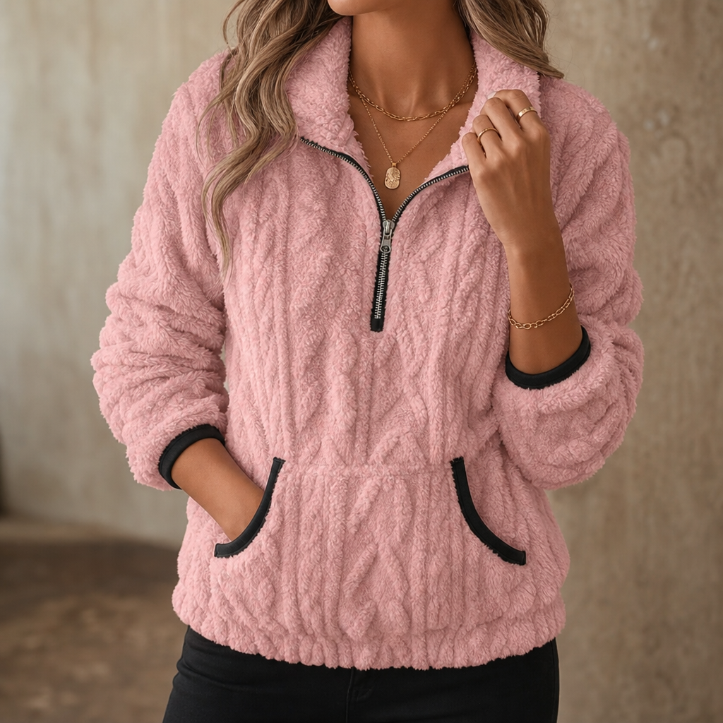 Lunelle – Pluche Half-Zip Fleece Pullover Met Kangoeroe Zak