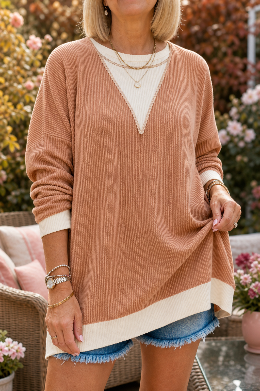 Corvella – Geknoopte Kleurblok Drop-Shoulder Trui
