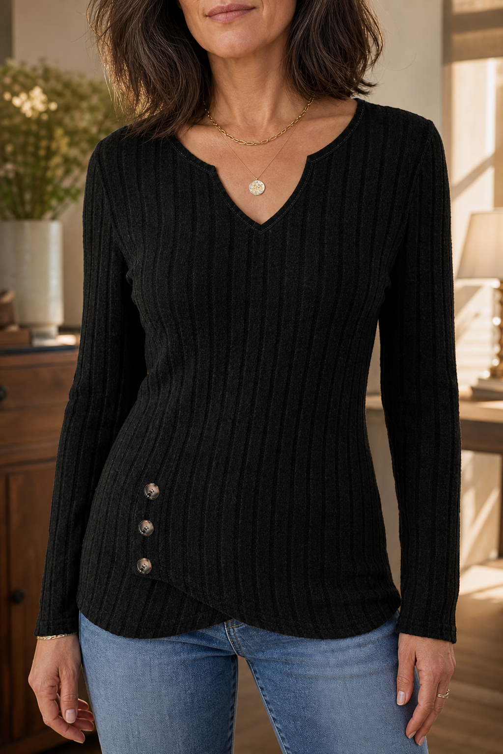 Tuckless – Asymmetrische Hem V-Hals Ribbels Gebreide Top