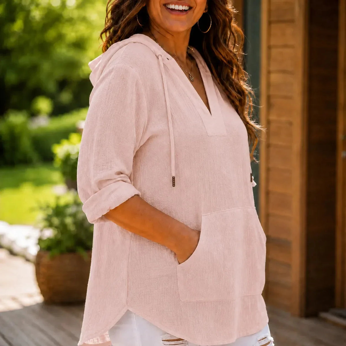 Muslina – Zachte V-hals Hoodie Zomer Top met Kangoeroezak