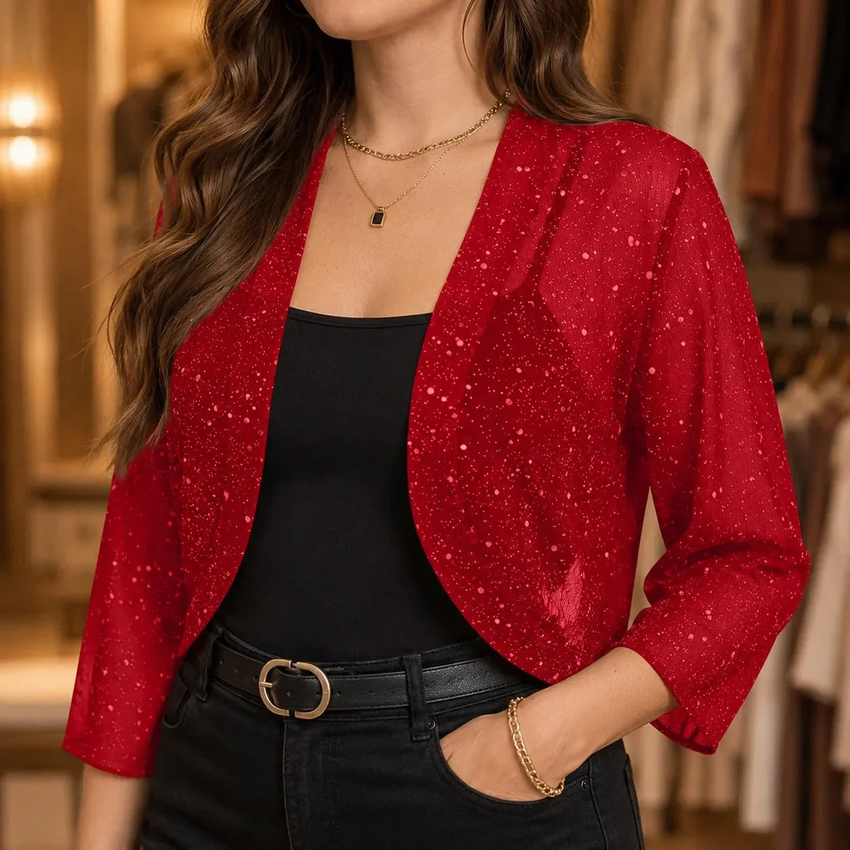 Lunavia – Shimmer Mesh Cropped Bolero Cardigan voor Vrouwen