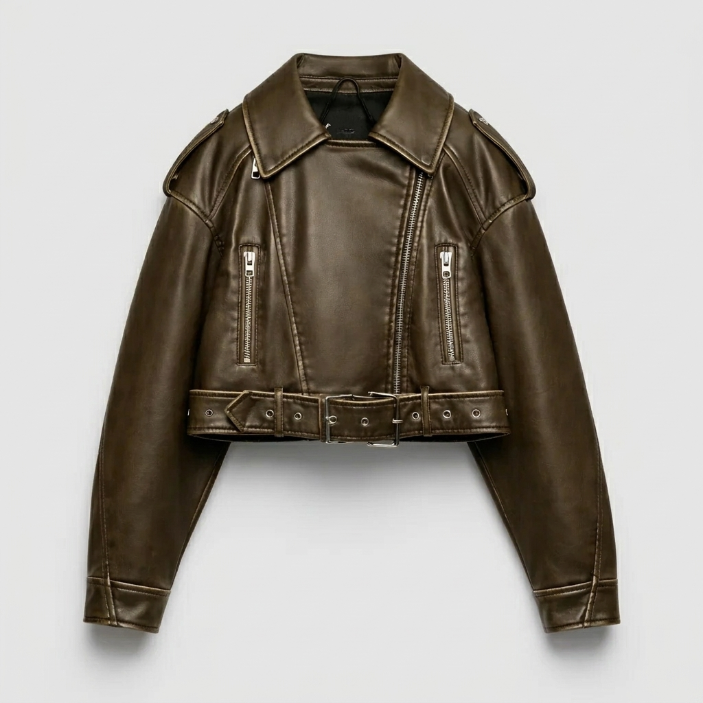 Cropped leren damesjas met riem