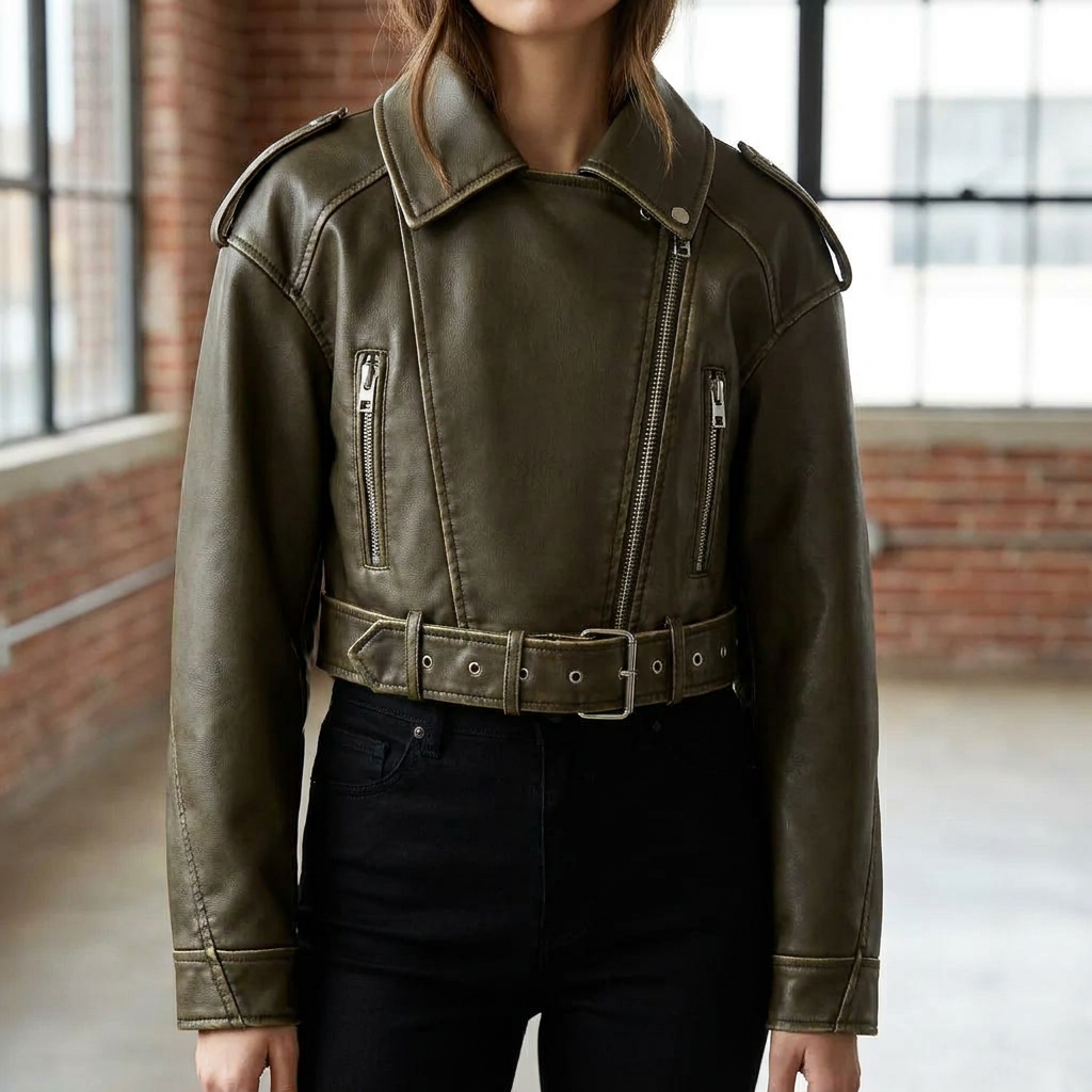 Cropped leren damesjas met riem