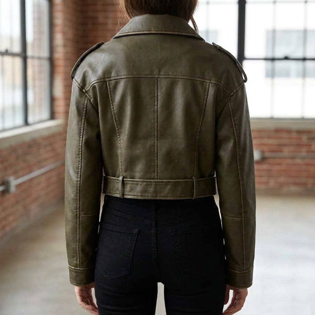 Cropped leren damesjas met riem