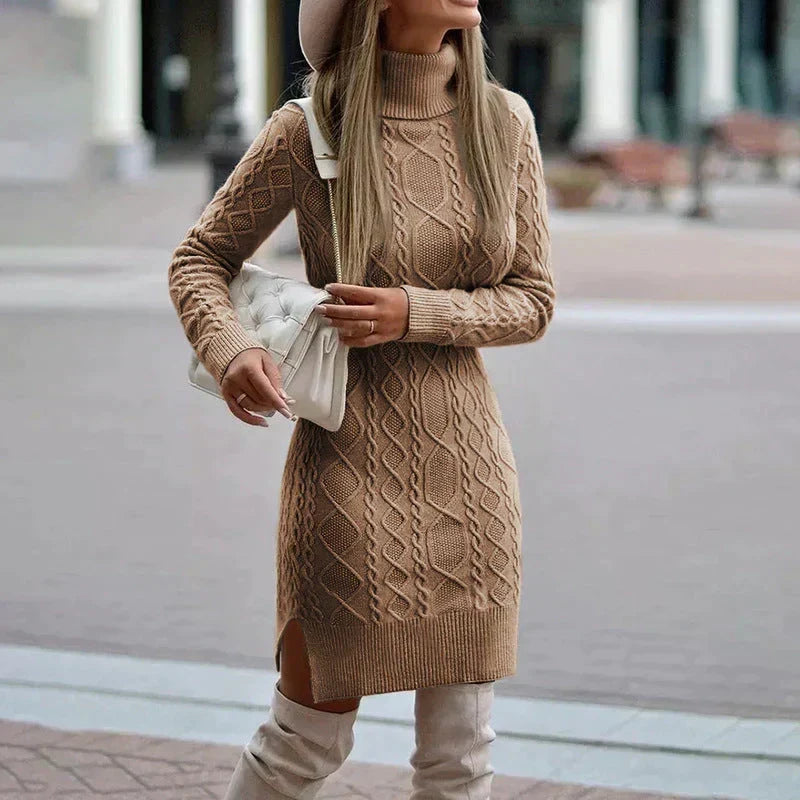 Kabelgebreide Sweaterjurk Dames Col Aansluitend