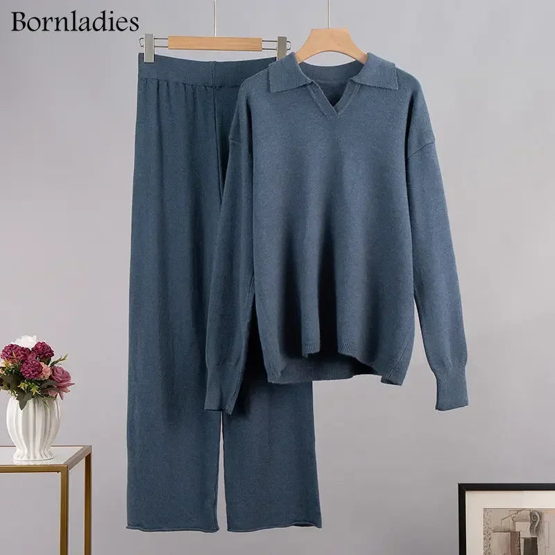 Comfortabele 2-Delige Gebreide Set Met Wijde Broek En Trui Voor Dames