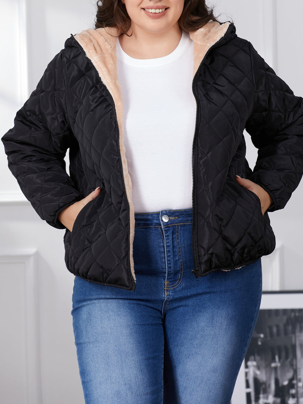 Lara | Plus size kleurblok gewatteerde jas met capuchon