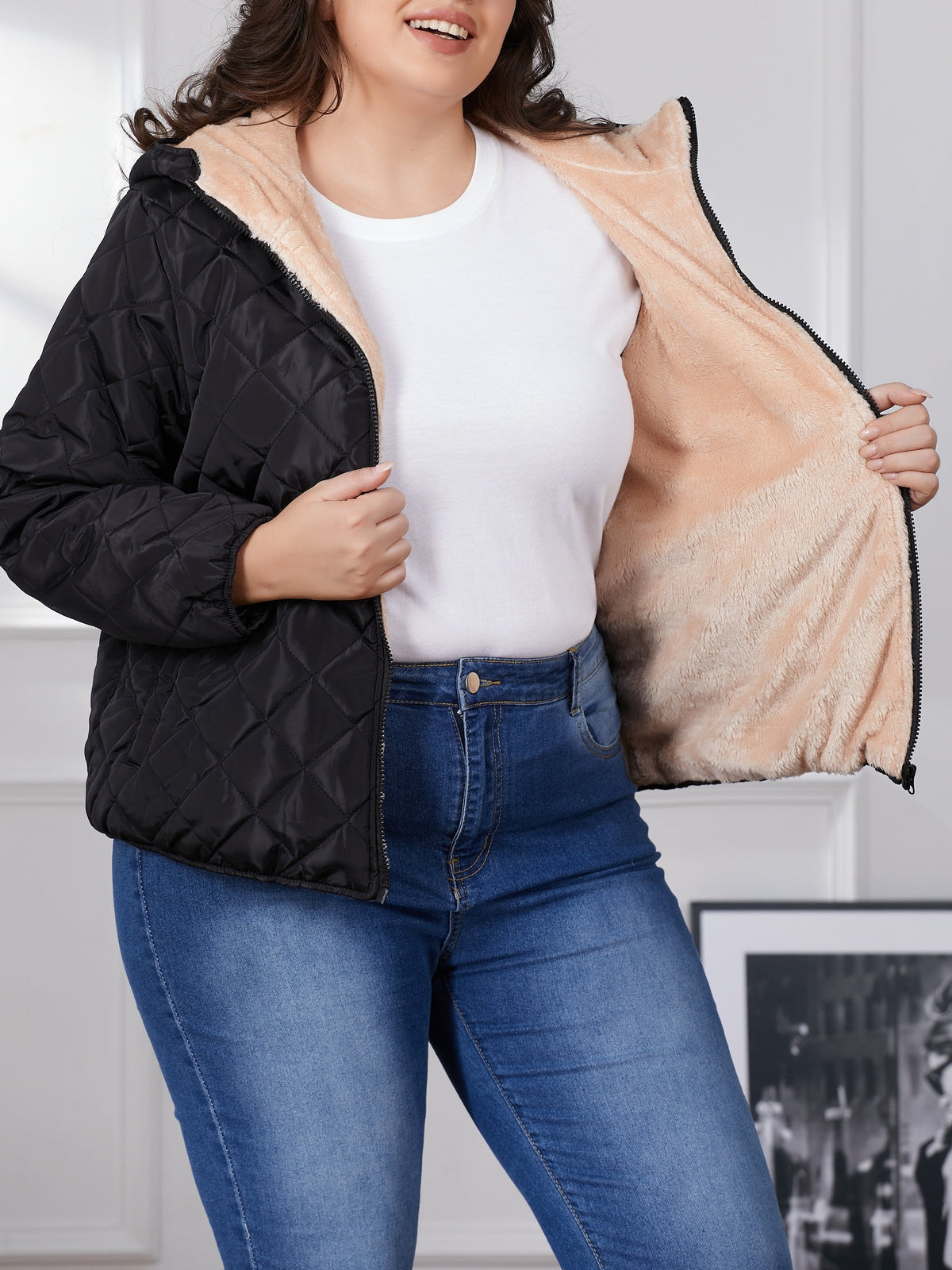 Lara | Plus size kleurblok gewatteerde jas met capuchon