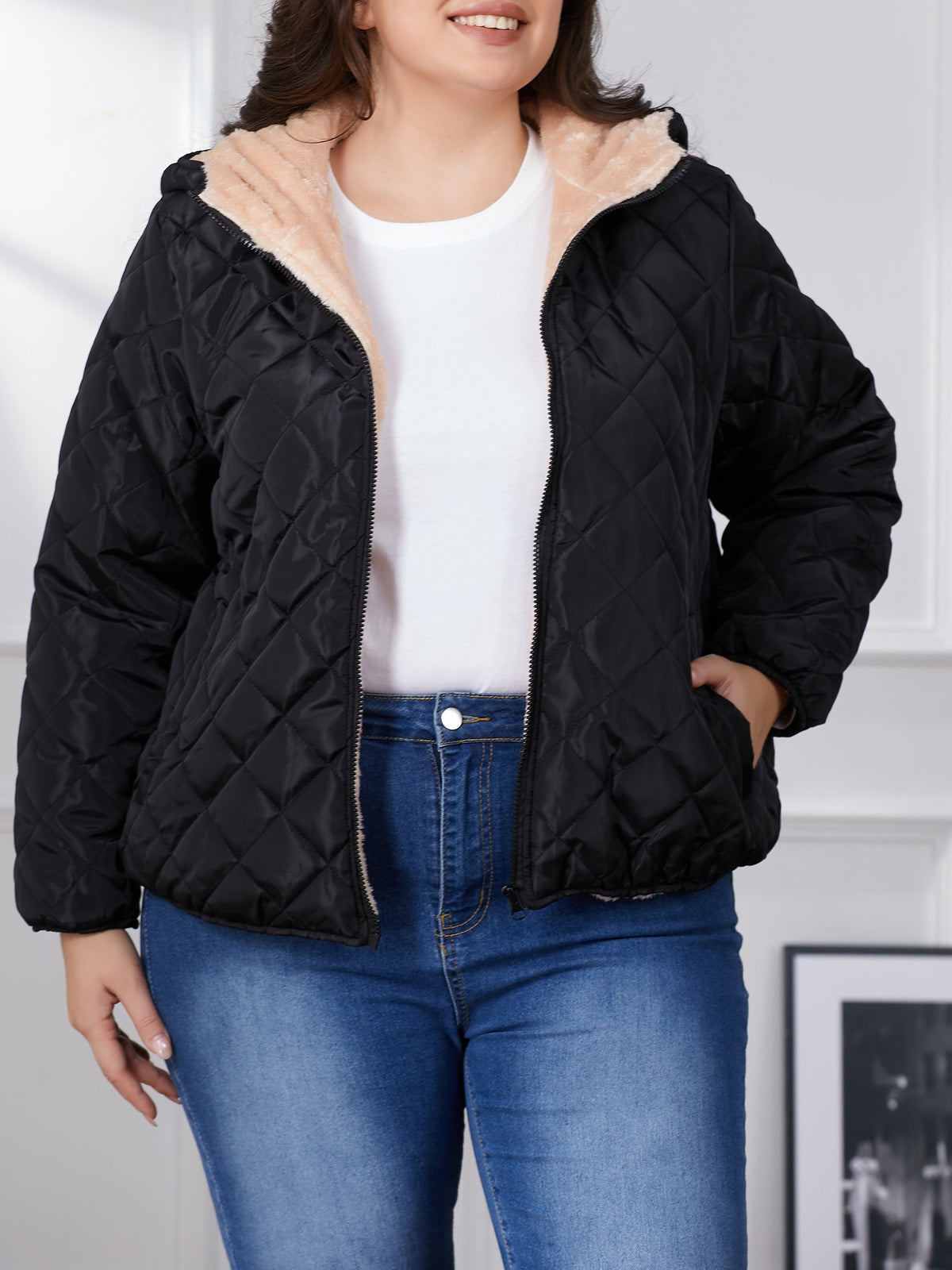 Lara | Plus size kleurblok gewatteerde jas met capuchon
