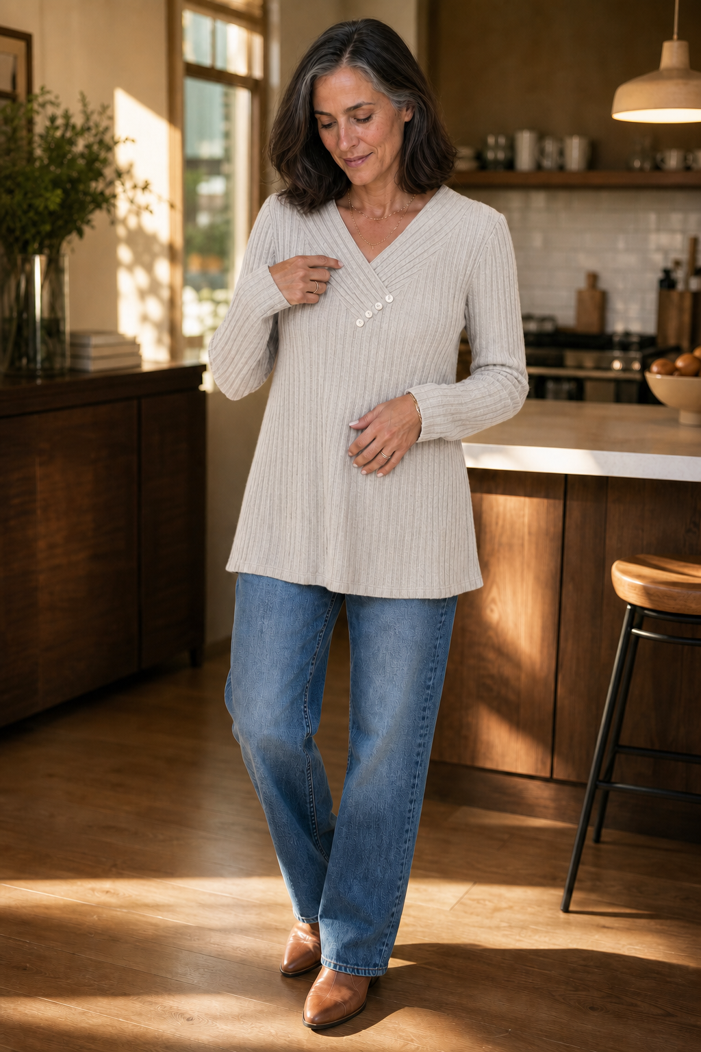 Marlowe & Rib – Geribbelde V-hals Trui met Knopen