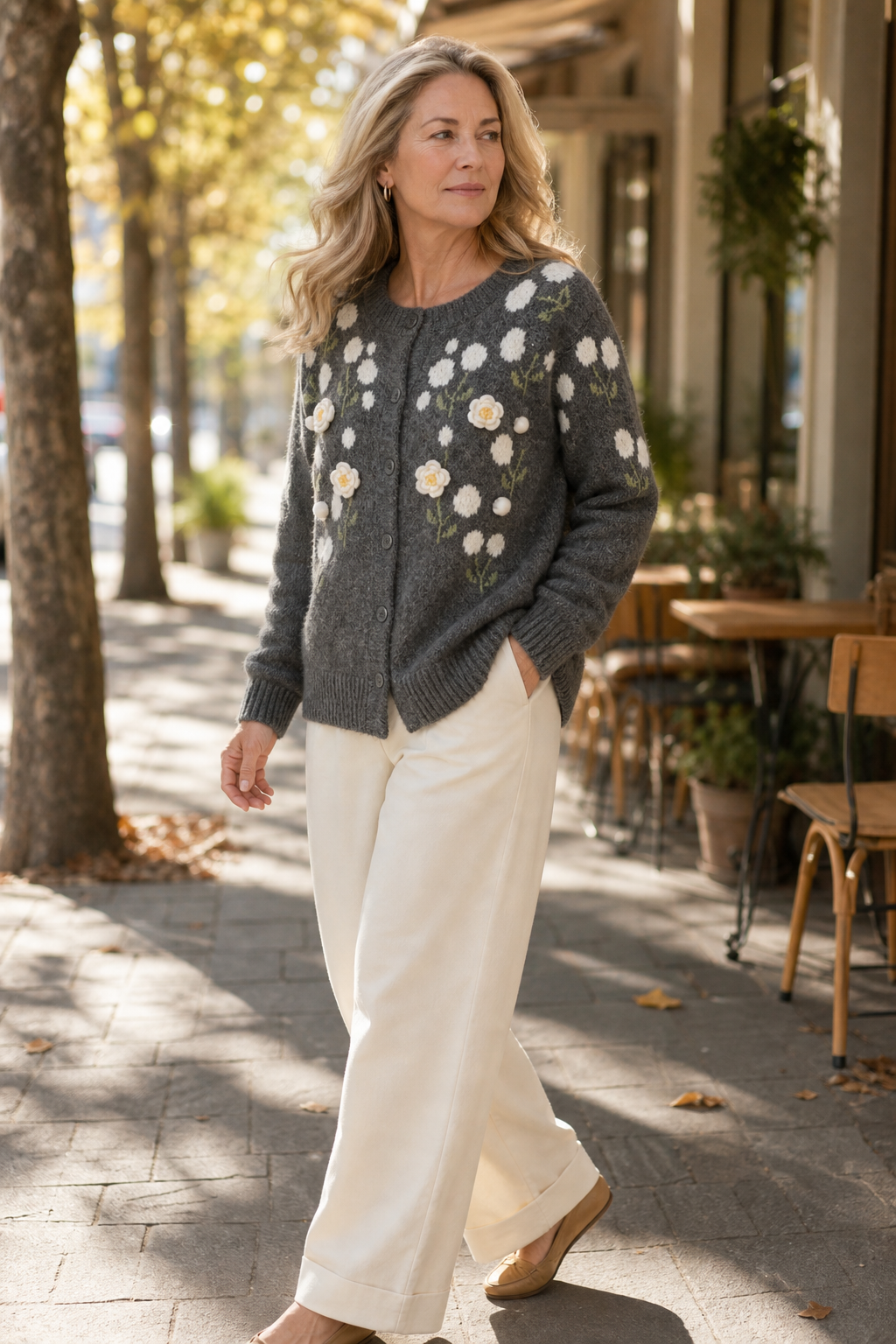 Meadowlin – Bloemige Gebreide Open-Front Cardigan