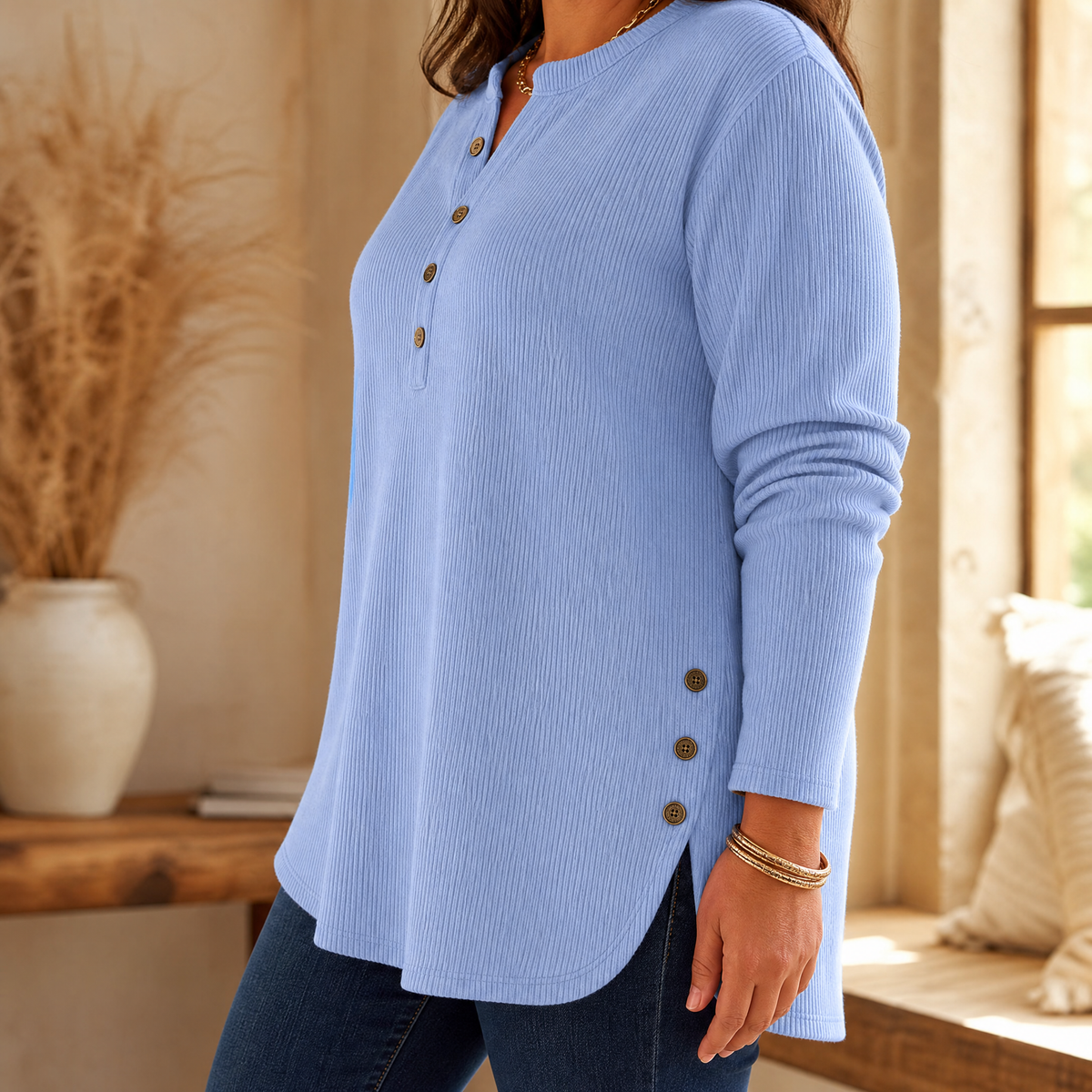 Lunavia - Geribde Button-Up Henley Tuniek