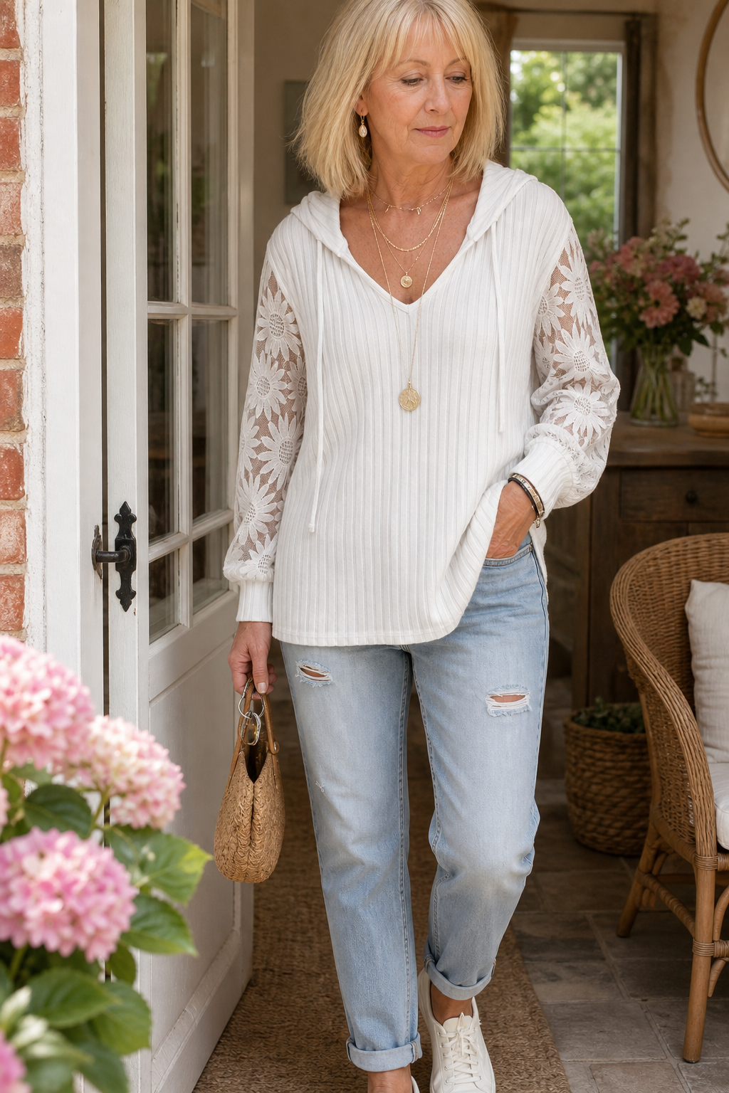 Lunetta – Kanten Mouwen Geribbelde Trui Hoodie Cardigan