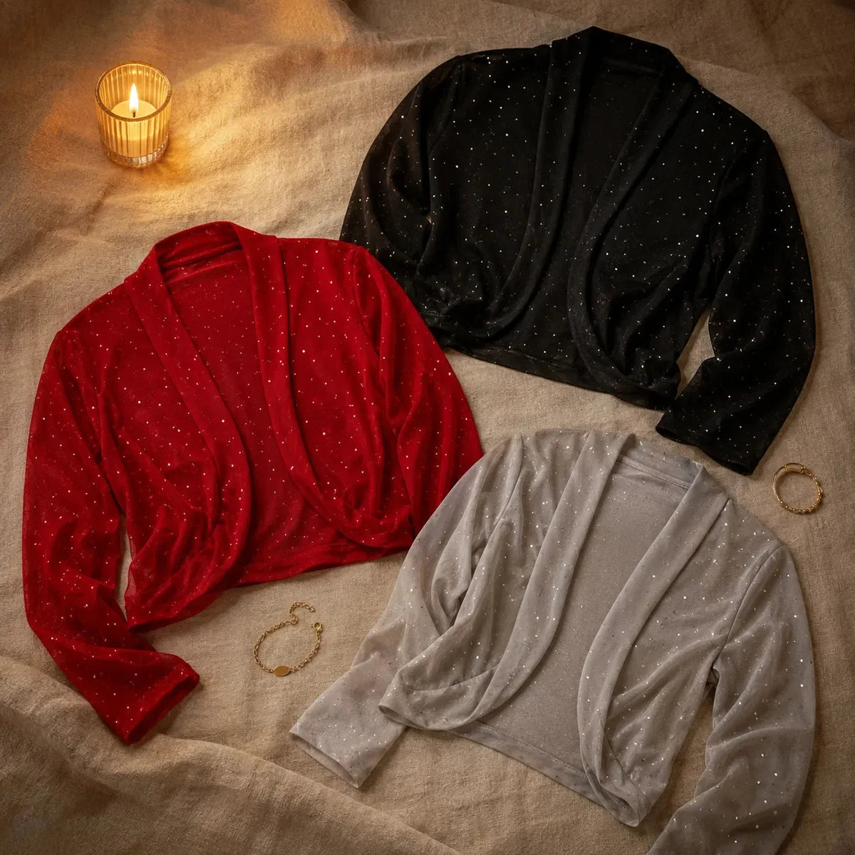 Lunavia – Shimmer Mesh Cropped Bolero Cardigan voor Vrouwen