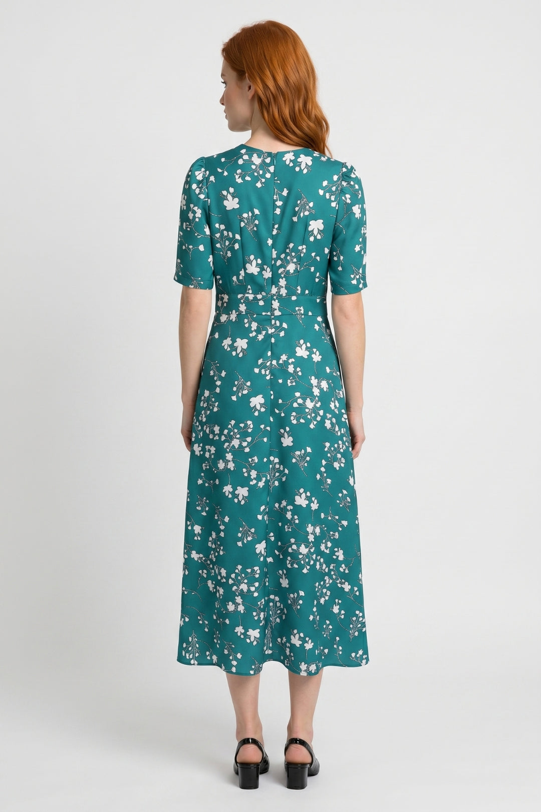 Midi Jurk Dames Bloemenprint V-hals Korte Mouwen Getailleerd