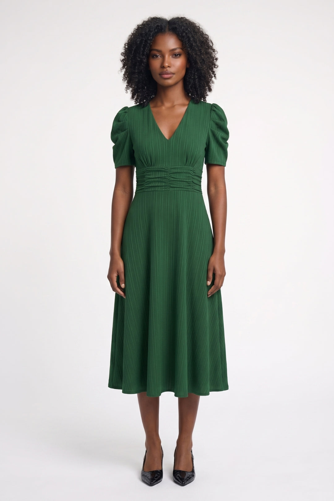 Midi Jurk Dames Getailleerd V-hals Pofmouwen Elastische Taille
