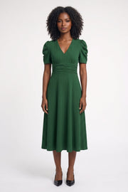 Midi Jurk Dames Getailleerd V-hals Pofmouwen Elastische Taille