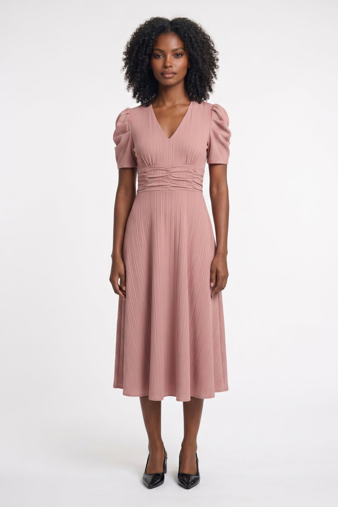 Midi Jurk Dames Getailleerd V-hals Pofmouwen Elastische Taille
