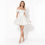 Mini Jurk Dames Satijn Off Shoulder Puff Mouwen