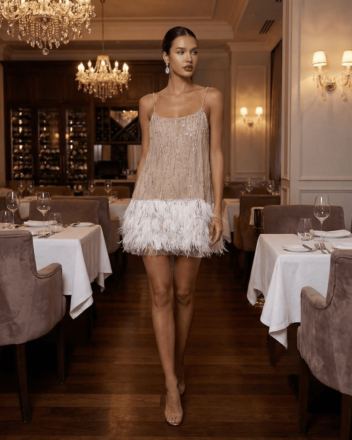 Mini Jurk Dames Sequin Tulle Elegante Feather Detail Feestelijk