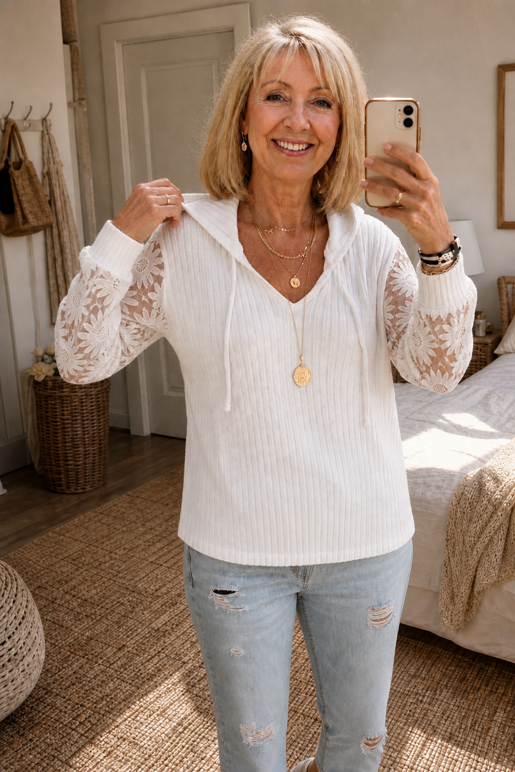 Lunetta – Kanten Mouwen Geribbelde Trui Hoodie Cardigan