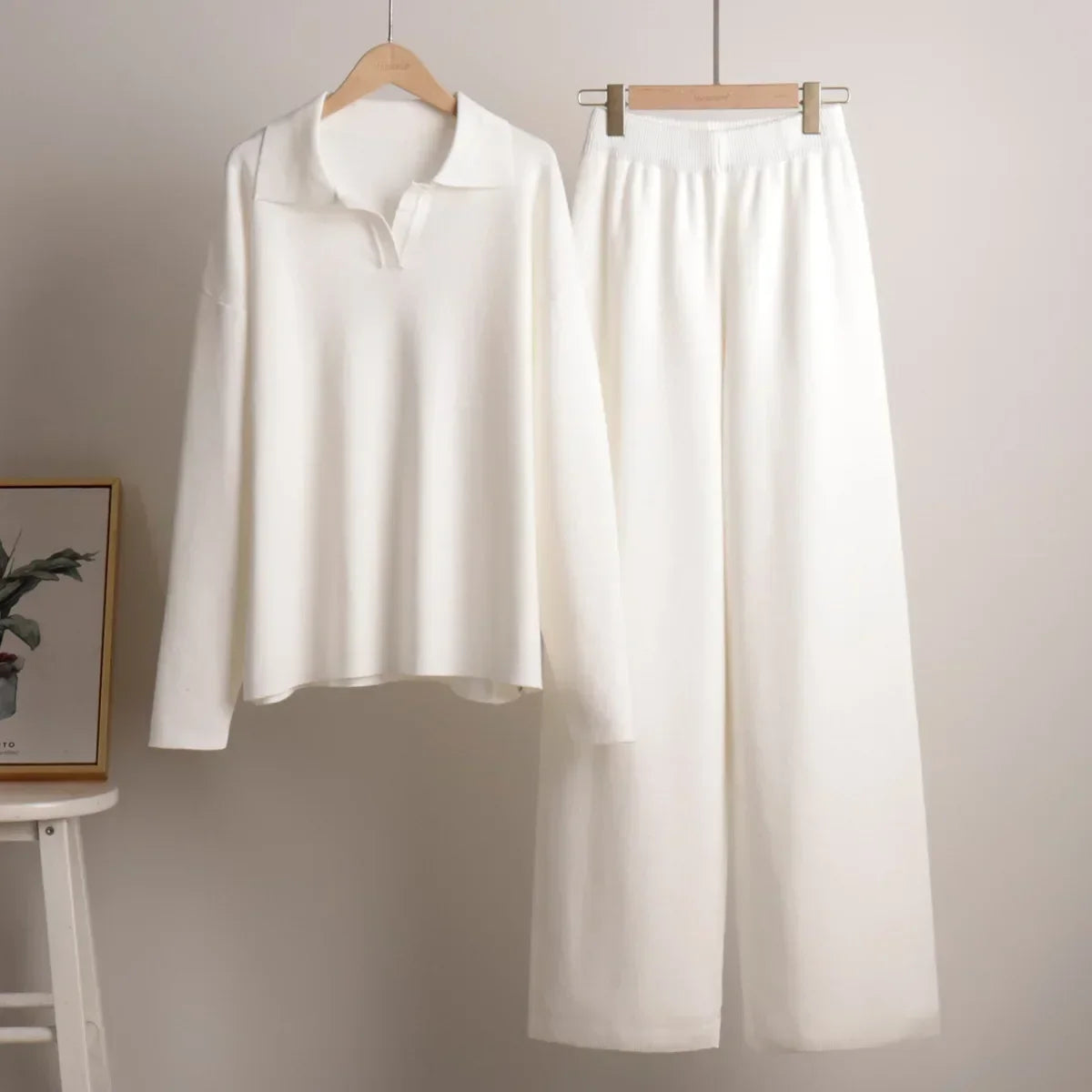 Comfortabele 2-Delige Gebreide Set Met Wijde Broek En Trui Voor Dames
