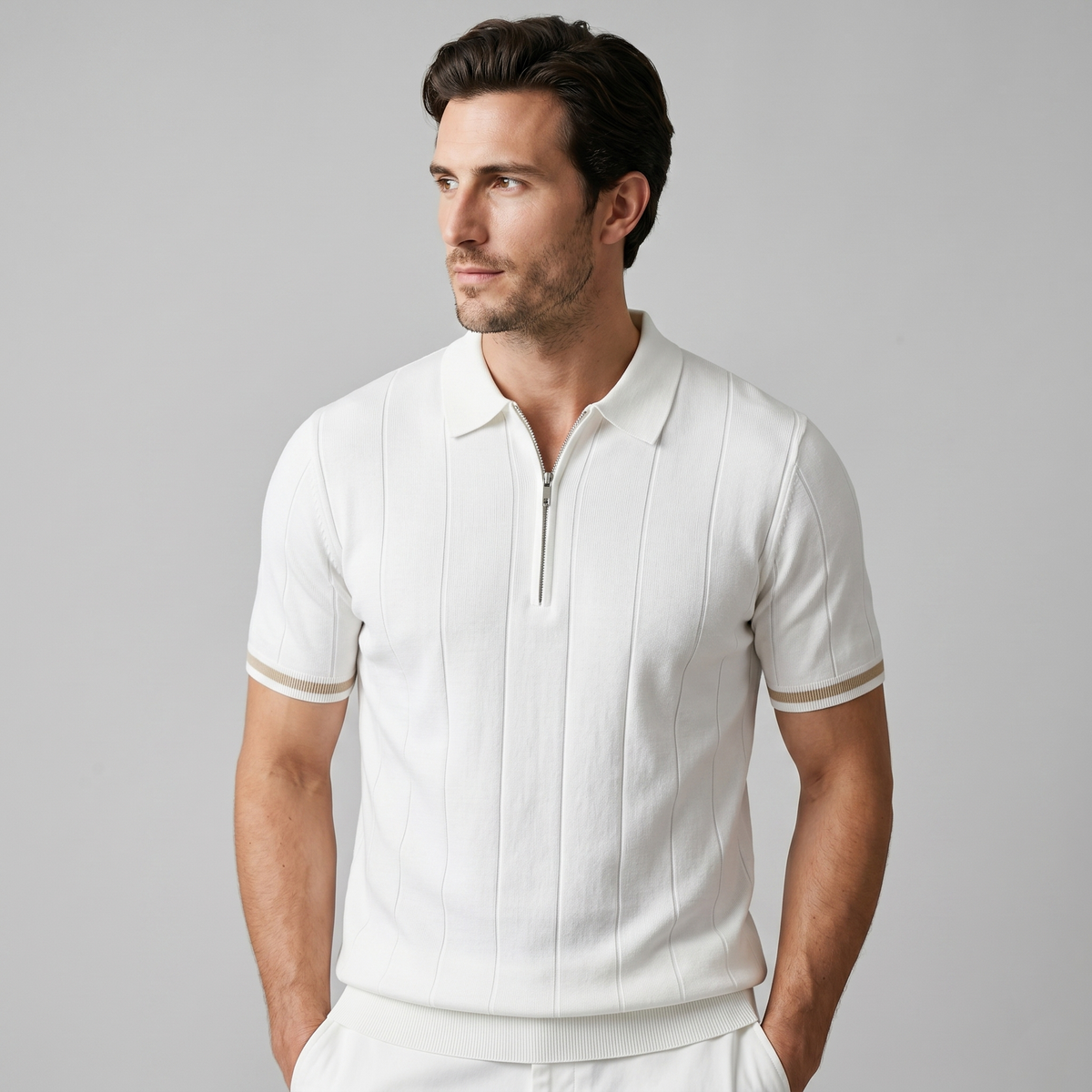 Poloshirt Heren Verticale Strepen Ritssluiting Casual