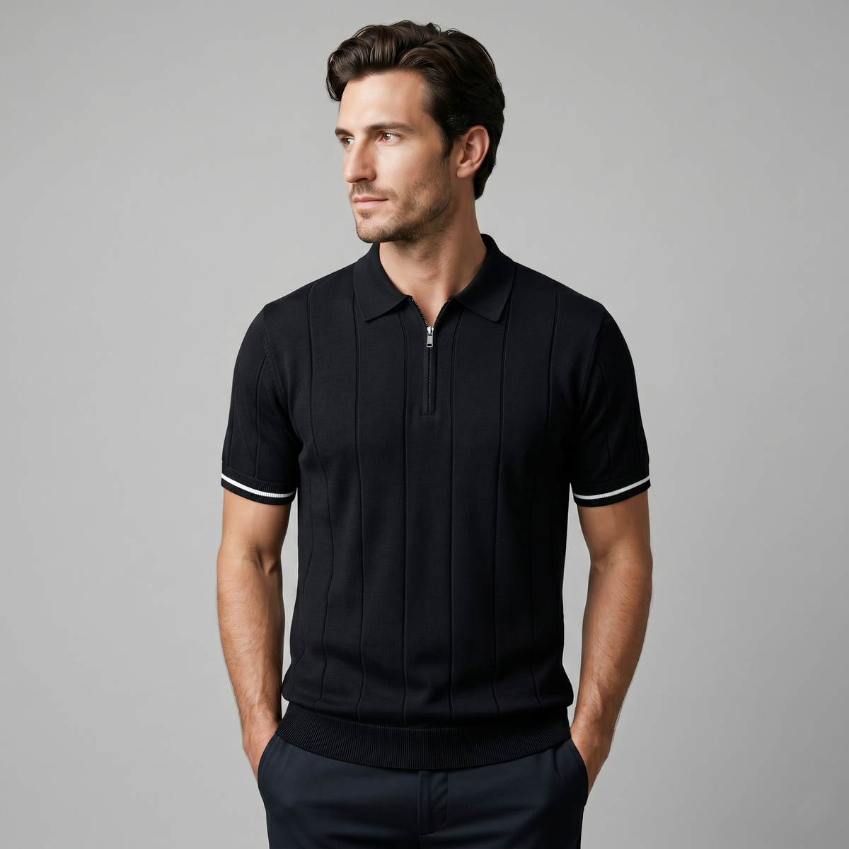 Poloshirt Heren Verticale Strepen Ritssluiting Casual