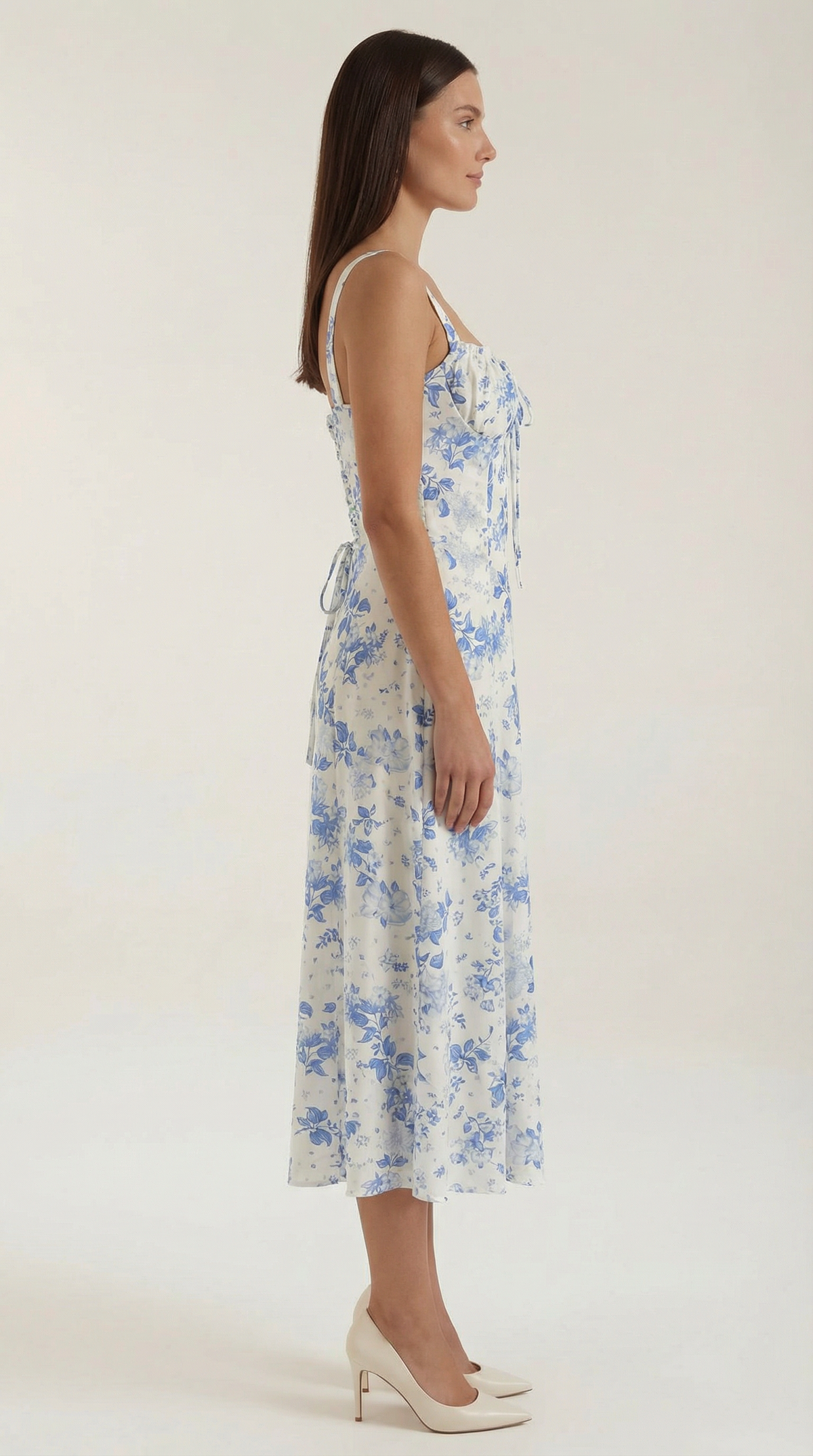 Midi-jurk dames A-lijn vintage bloemenprint hartvormige hals verstelbare rug