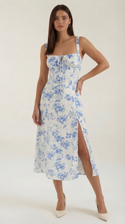 Midi-jurk dames A-lijn vintage bloemenprint hartvormige hals verstelbare rug