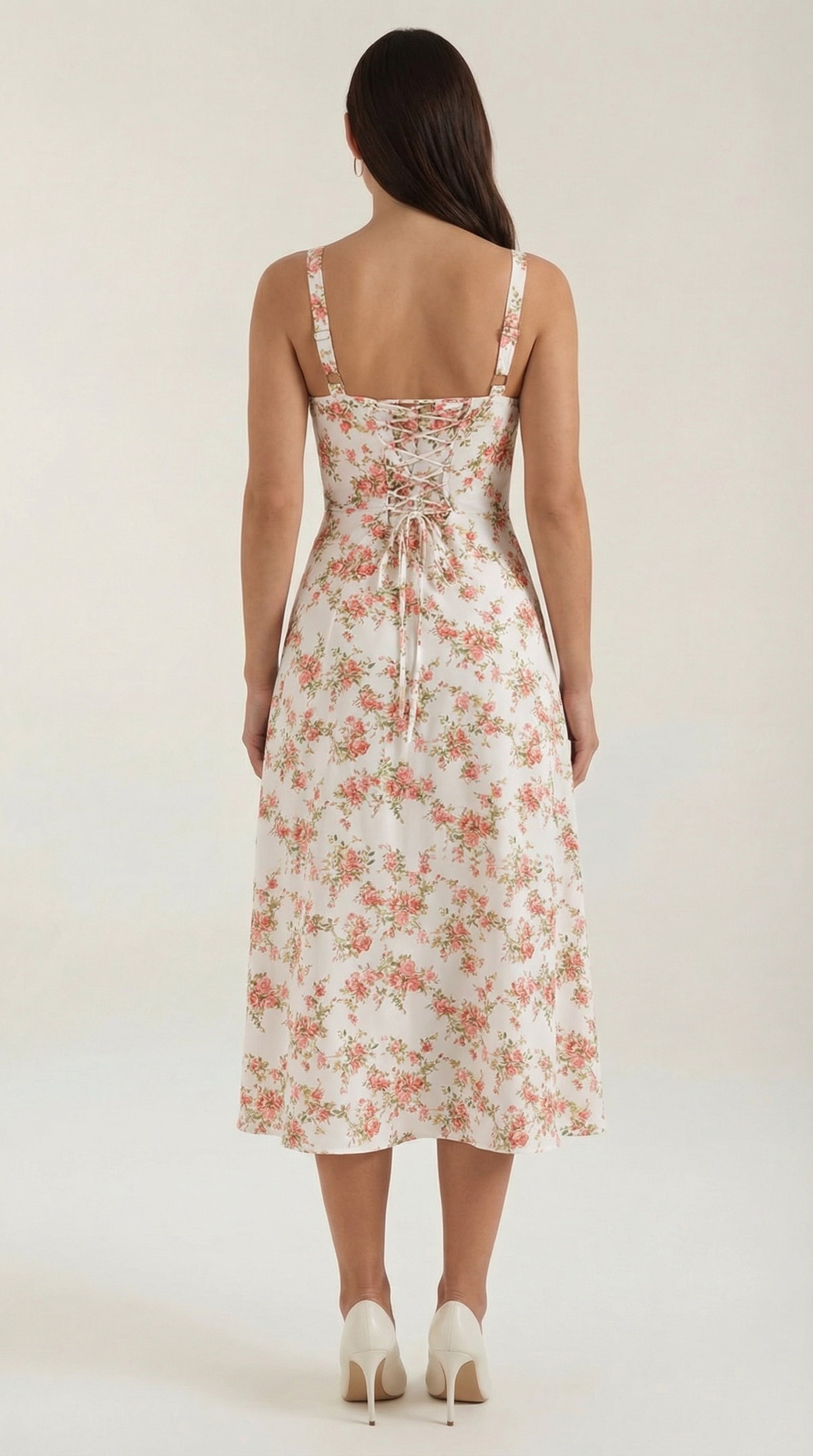 Midi-jurk dames A-lijn vintage bloemenprint hartvormige hals verstelbare rug