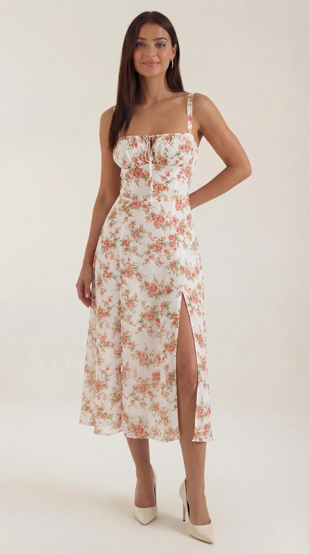 Midi-jurk dames A-lijn vintage bloemenprint hartvormige hals verstelbare rug