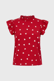 Top Dames Hartenprint Ruffle Mouwen Hoge Hals Casual