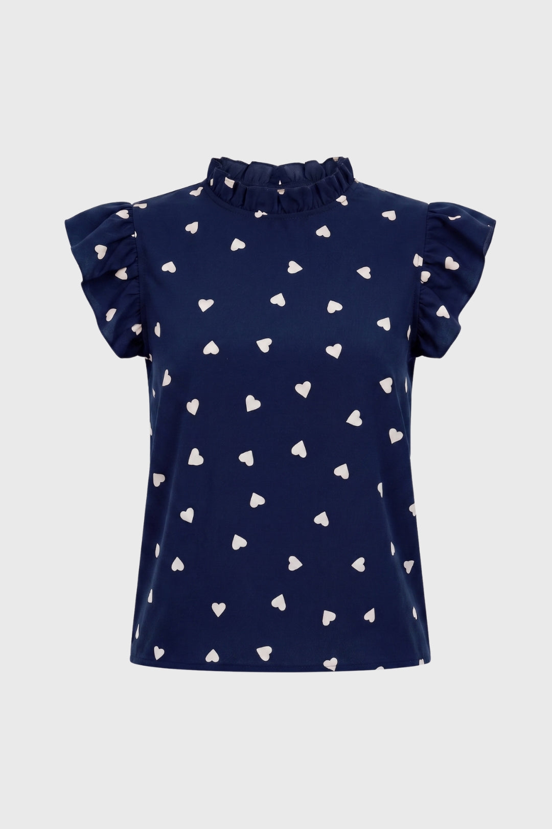 Top Dames Hartenprint Ruffle Mouwen Hoge Hals Casual