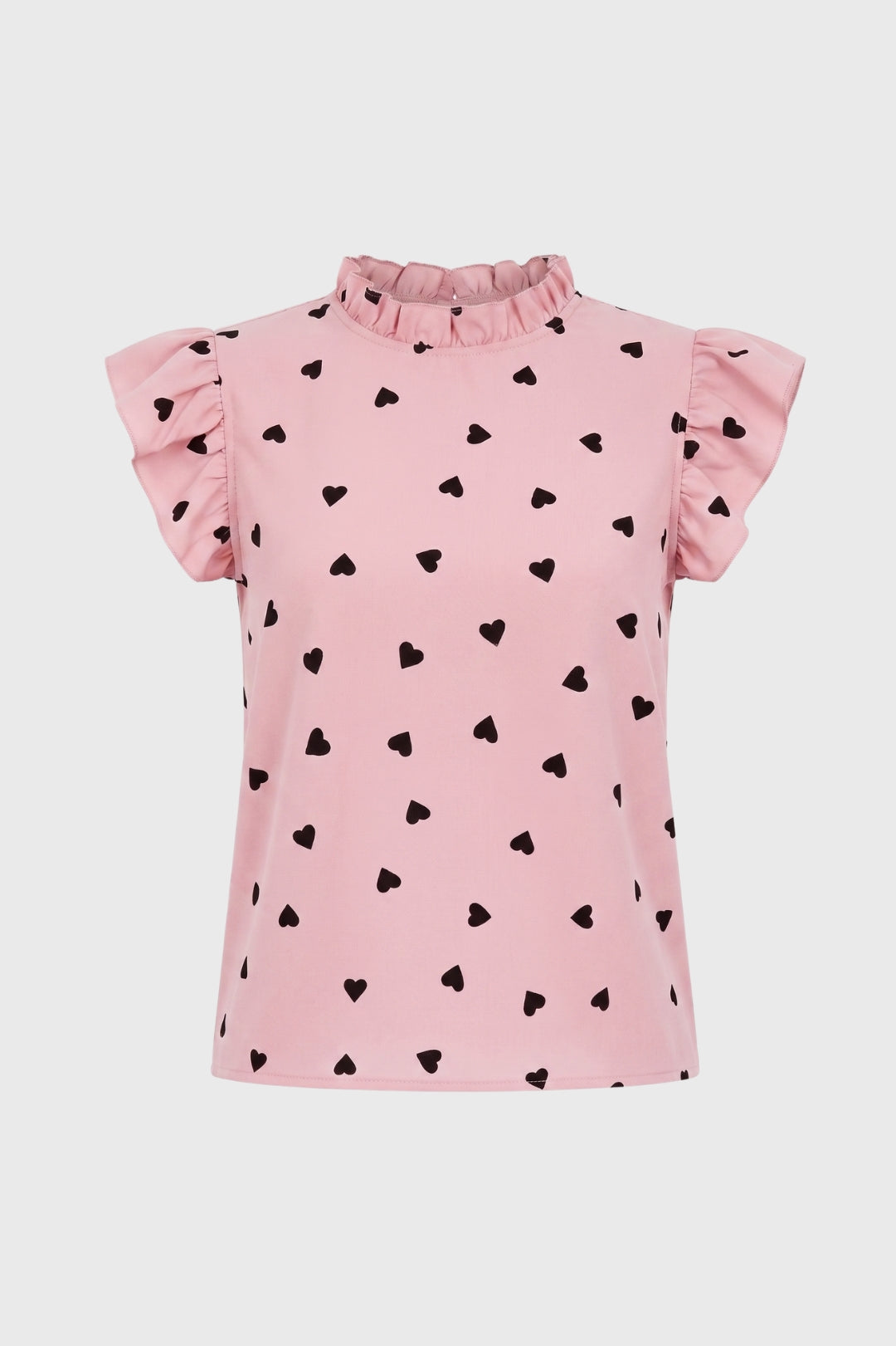 Top Dames Hartenprint Ruffle Mouwen Hoge Hals Casual