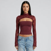 Top Dames Kant Cutout Mock Neck Flare Mouwen