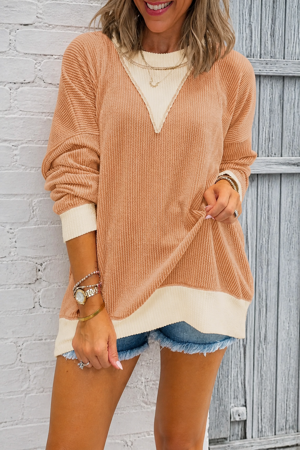 Corvella – Geknoopte Kleurblok Drop-Shoulder Trui