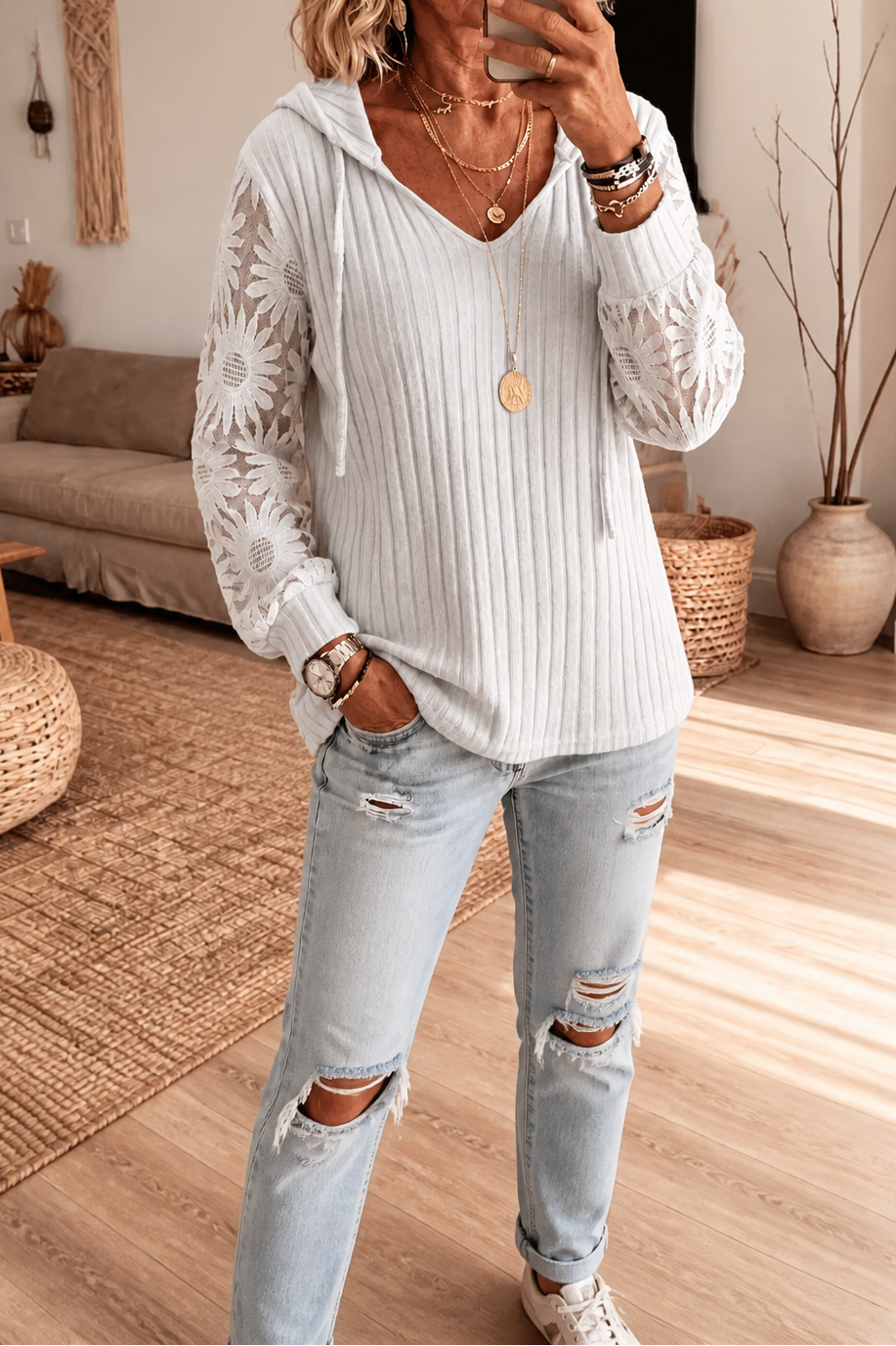 Lunetta – Kanten Mouwen Geribbelde Trui Hoodie Cardigan