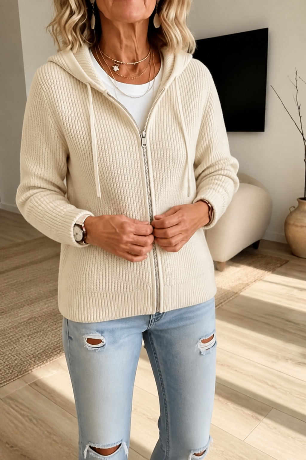 Stripevie – Geribbelde Stretch-Knit Zip-Up Cardigan