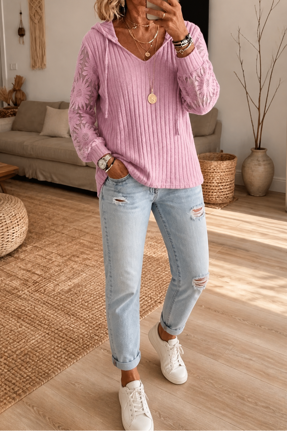 Lunetta – Kanten Mouwen Geribbelde Trui Hoodie Cardigan
