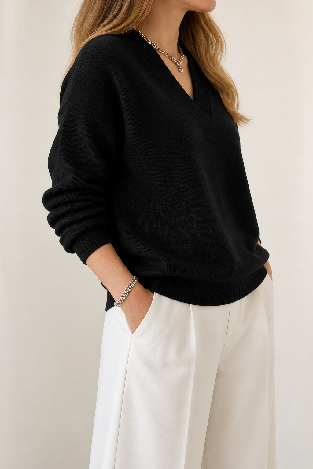 Softline – Geribbelde V-hals Relaxed Brei Sweater