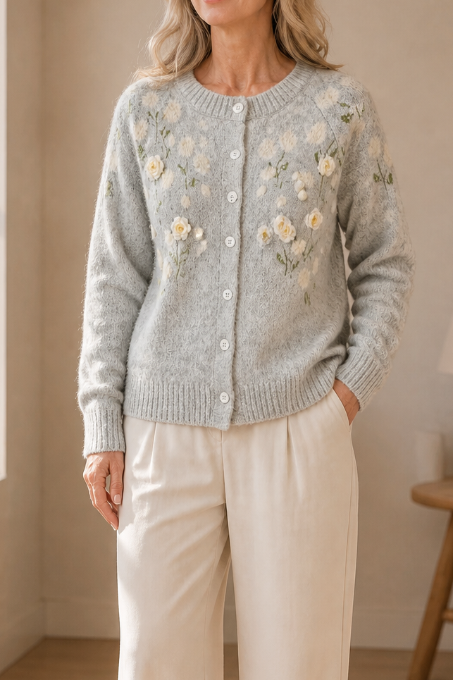 Meadowlin – Bloemige Gebreide Open-Front Cardigan