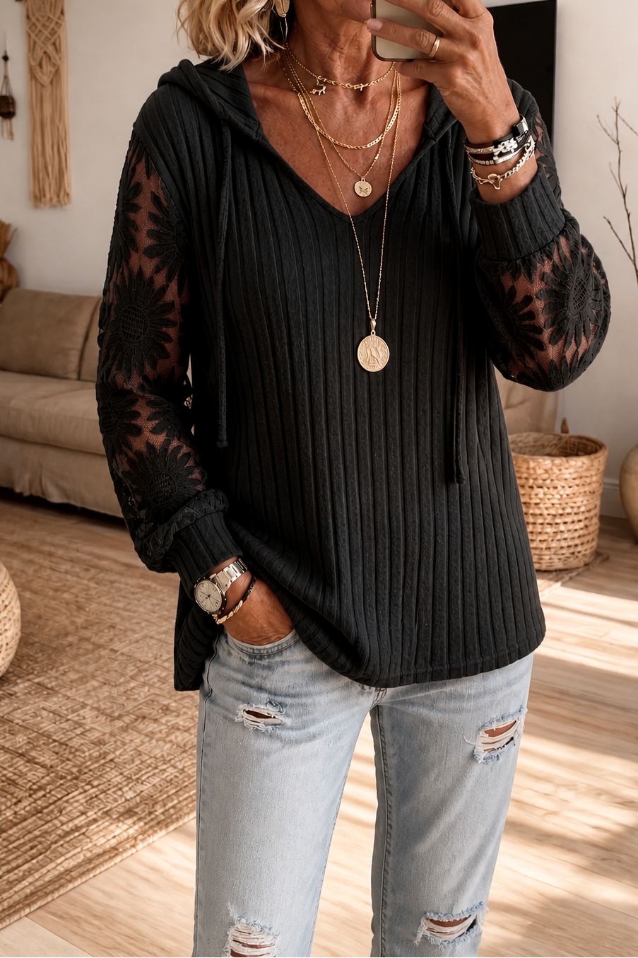 Lunetta – Kanten Mouwen Geribbelde Trui Hoodie Cardigan