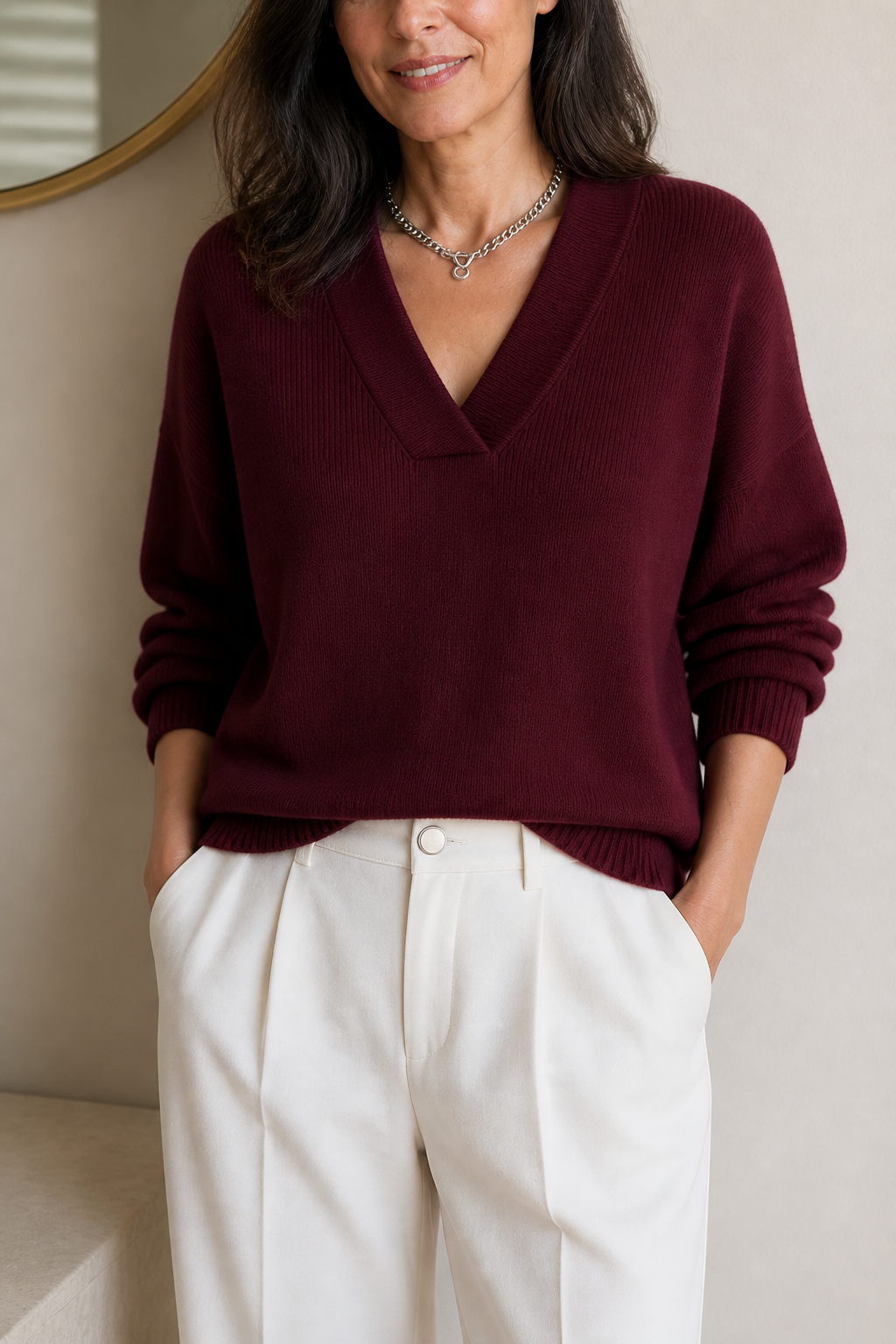 Softline – Geribbelde V-hals Relaxed Brei Sweater