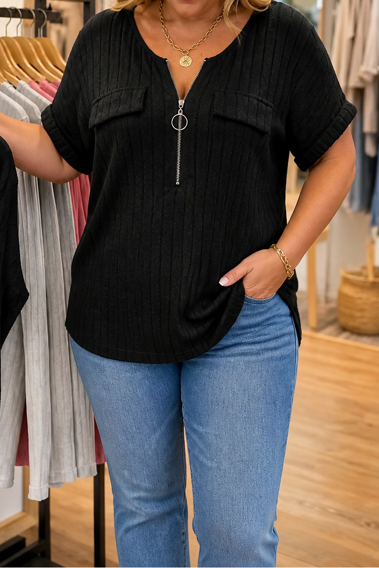 Veloura – Ribbels Adjustable Zip-Neck Knit Top