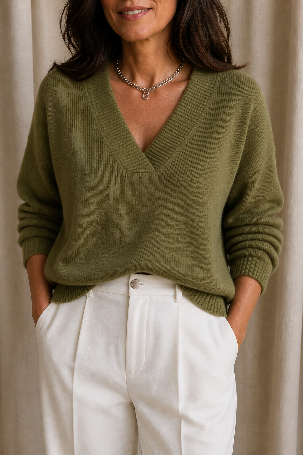 Softline – Geribbelde V-hals Relaxed Brei Sweater