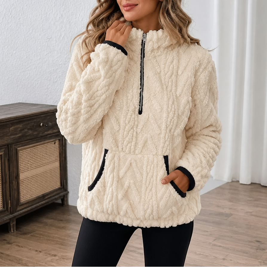Lunelle – Pluche Half-Zip Fleece Pullover Met Kangoeroe Zak