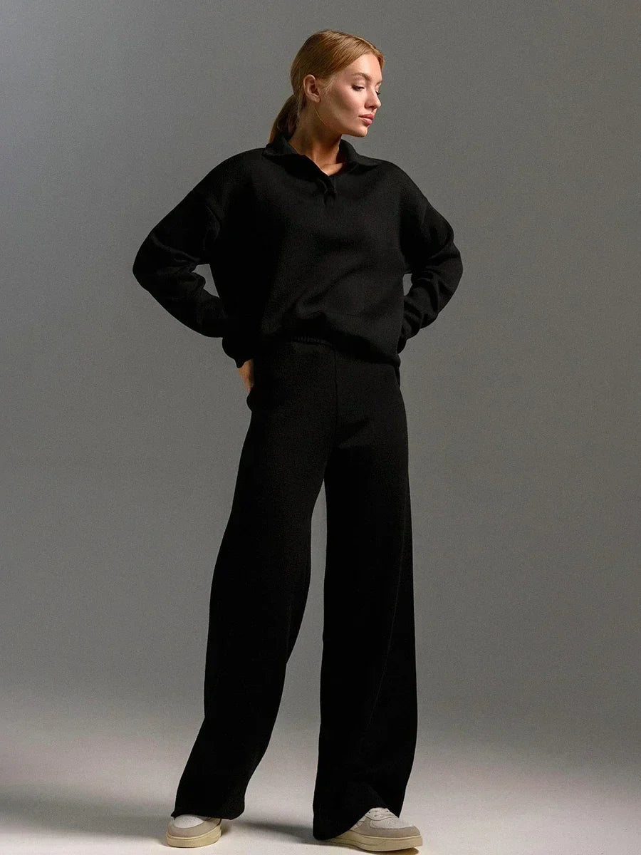 Comfortabele 2-Delige Gebreide Set Met Wijde Broek En Trui Voor Dames