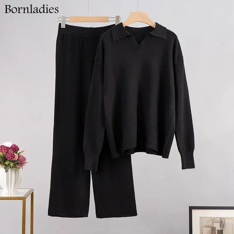 Comfortabele 2-Delige Gebreide Set Met Wijde Broek En Trui Voor Dames